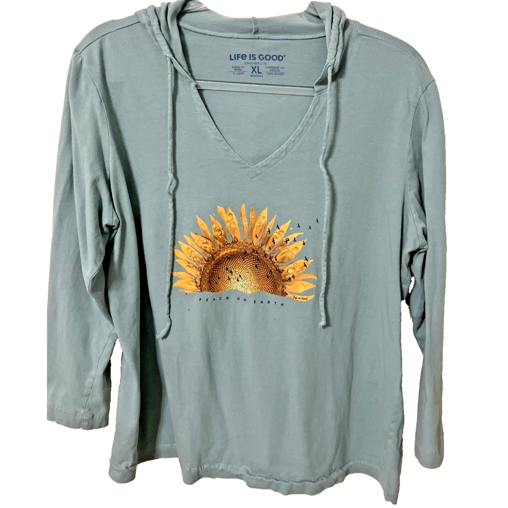 Life Is Good Hoodie T-shirt Women's Sunflower Bird Peace on Earth Womens XL